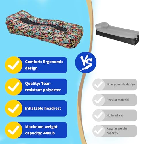 Inflatable Couch, Inflatable Lounger Air Sofa | No-Pump Blow Up Couch | Ergonomic Design, Air Couches Outdoor for Camping & Park & Beach, Upgrade Your Camping Accessories - color: Red Leaf, style: Standard - No Sunshade