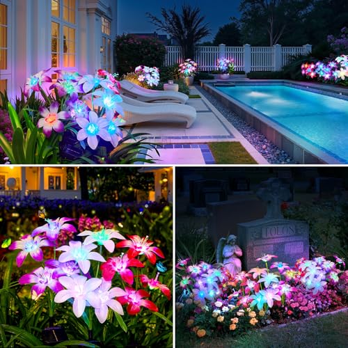Ahaorigin Solar Garden Lights Outdoor, 4 Pack Blooming Lily Solar Flowers Outdoor Waterproof, 7 Color Changing Bigger Flower Lights for Yard Patio Decor, Gift for Mom - size: 4 Pack