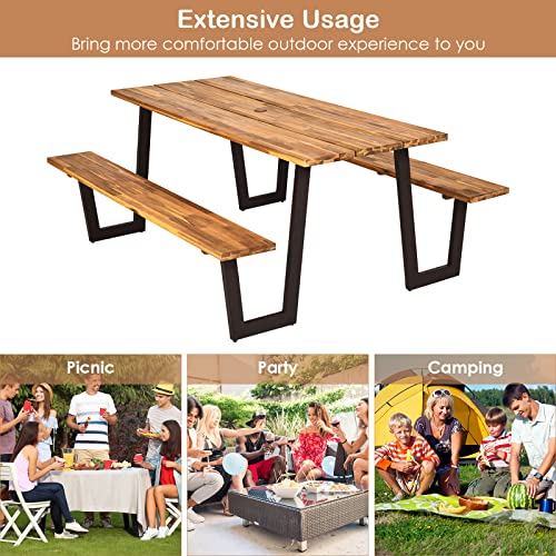 S AFSTAR 70" Outdoor Picnic Table, Heavy Duty Wooden Table and Bench Set with Umbrella Hole, All-Weather Acacia Wood Picnic Tables for 6, Garden, Backyard, Porch, Patio - size: Without Umbrella