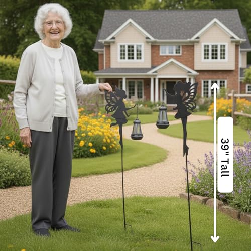 Solar Fairy Garden Accessories Outdoor 1 Pair - Metal Stakes Decorative Figurines Housewarming Ornament for Patio, Lawn, Yard, Pathway - Unique Gift Ideas for Mom Grandma (Warm Lighting)