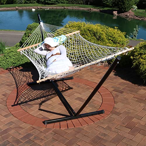 Sunnydaze Rope Hammock with Stand for Outside - Heavy Duty Freestanding Portable Outdoor Hammock Set with Quilted Pad, Pillow, and 12-Foot Steel Frame - 275 lb Capacity - Blue & Green Chevron - color: Blue & Green Chevron