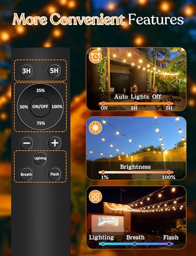 150ft Solar Outdoor String Lights with Remote - USB Rechargeable Solar Powered Outdoor Patio Lights - Timer, Dimmable Shatterproof ST38 Bulbs for Backyard, Garden, Pool - size: 150 Feet