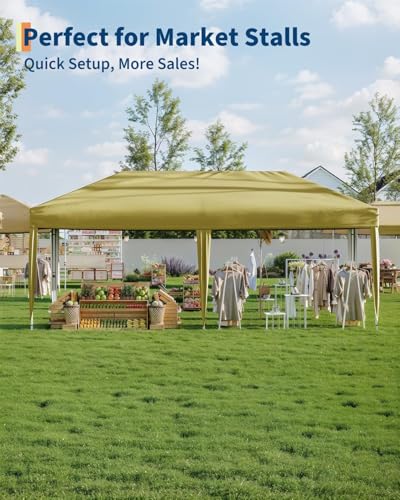 10X20 Pop Up Canopy Tent with 6 Sidewalls – Heavy Duty Commercial Instant Shelter, One-Person Quick Setup Outdoor Party Tent, Water-Resistant & Portable, Khaki - color: Khaki