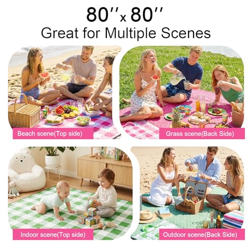 2 in 1 Tote Picnic Blanket Waterproof Outdoor Camping Mat，Large Capacity Beach Blanket 80''x80'' 7 Layers Easy to Foldable and Carry. - color: Pinkcheck