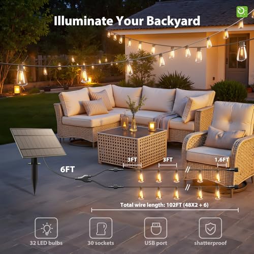 KYY 102FT(96+6) Solar String Lights Outdoor with USB Port Remote Control, LED Waterproof Solar Powered Patio with 32 Sockets, Heavy-Duty and UL Listed Porch Market Lights - size: 96+6FT(32 Sockets）