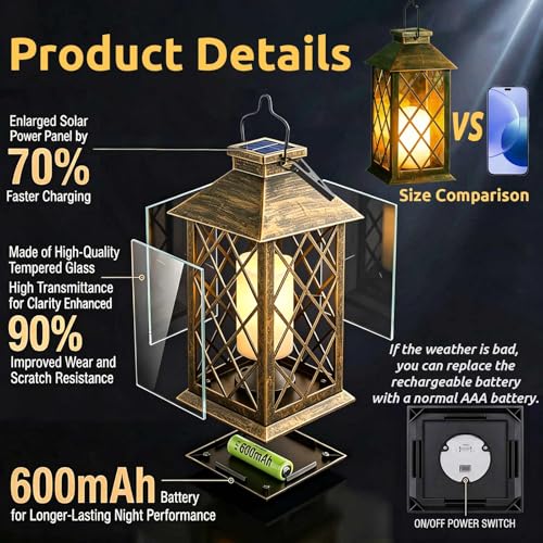 Solar Lanterns Outdoor Waterproof, 2 Pack 9" Glass Hanging Solar Lights with Flickering Flameless Candle, Outdoor Lanterns for Patio Wall Porch Table Garden Yard, Gift for Women Mom - Bronze - size: Bronze 9"