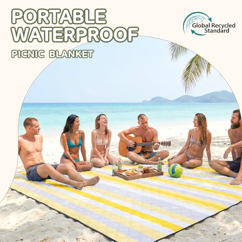 Genovega Waterproof Beach Blanket Picnic Outdoor Mat Rug Extra Large Portable Umbrella Wagon Folding Pop Tent Sun Shelter Shade Canopy Ball Cart Cool Cabana Anchor Fan Mesh Bag Tote Toallas Manta - color: Lemon Yellow Stripe