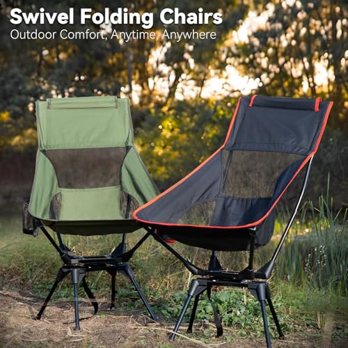 Upgraded 360° Swivel Folding Camping Chair, Lightweight High Back Portable Chairs with Head Support, Compact & Stable for Outdoor Camp, Travel, Beach, Picnic, Festival, Fishing, Hiking, Backpacking - color: High Back Black