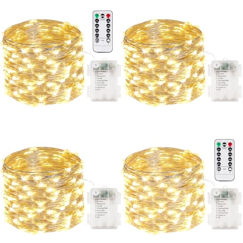 4 Pack 50 LED Fairy Lights Battery Operated with Remote, 16FT Waterproof Twinkle Lights with Timer & 8 Modes, Fairy String Light Outdoor Indoor for Bedroom Classroom DIY Christmas Decor (Warm White) - color: Warm White, size: 4 Pack 50LED