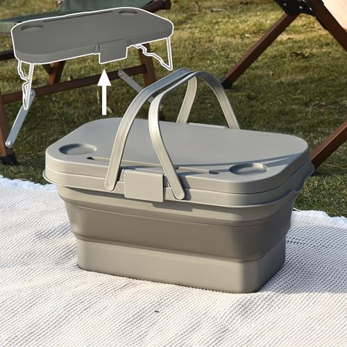 Collapsible Picnic Basket, Collapsible Picnic Basket with Handles (with Table Lid), Collapsible Garden Basket, Collapsible Harvest Basket for Camping, Beach, Hiking, and Outdoor Dining (Gray) - color: Gray