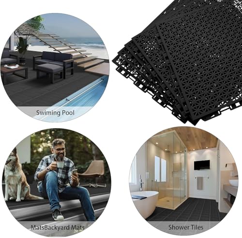 16 PCS Modular Interlocking Cushion Interlocking Floor Tiles with Hole Drainage Mat 10" x 10" Non Slip Pool Deck Mat Outdoor for Drain Deck Pool Patio Shower Kitchen Balcony (Black) - color: Black