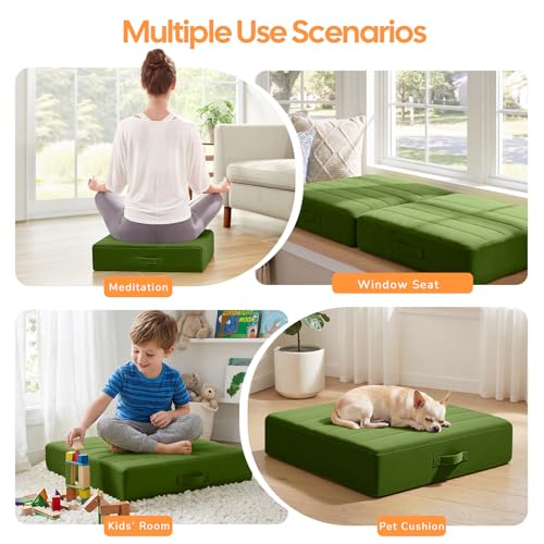 MeMoreCool Square Floor Pillow Seating for Adults Kids, Large Meditation Cushion Floor Pillow with Thick Foam & Soft Tufted Cover, Washable Big Pillow Seat Floor Cushion for Sitting Yoga 22" Green - color: Forest Green, size: 22 Inch