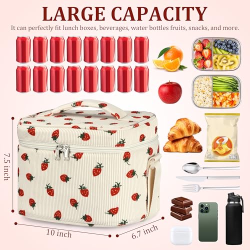 TESAFNG Insulated Lunch Bag for Women, Cute Corduroy Reusable Lunch Box for Adult, Leakproof Cooler Bag for Work Office Travel Picnic, Lunch Tote Bag with Adjustable Shoulder Strap (Strawberry) - color: Strawberry