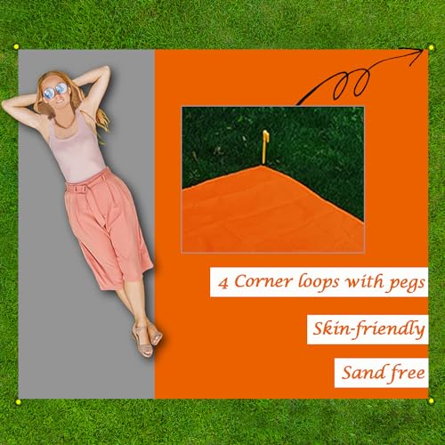 Outdoor Pocket Blanket Extra Large Beach Blanket Sandproof 82″x 78″for 4-6 Adults Compact Foldable Quick Drying Lightweight Picnic Blankets Waterproof with 4 Stakes & Bag (Orange+Grey) - color: Orange+grey