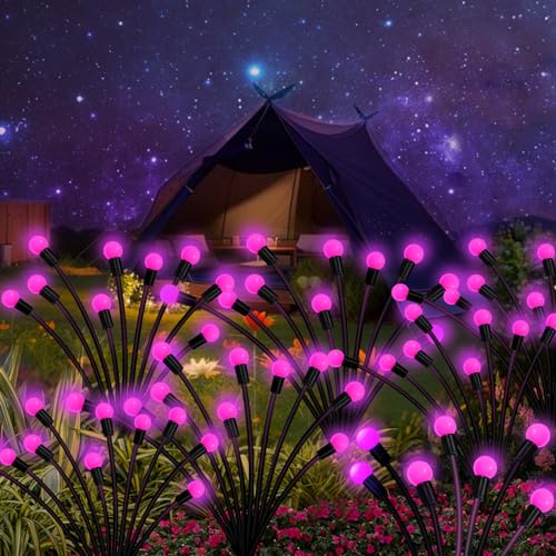 Kohlrabi Solar Garden Lights Outdoor, 2 Pack 16 LED Solar Pink Firefly Lights Waterproof, Sway by Wind, Swaying Light for Yard Patio Backyard Garden Planter Flower Bed Pathway Outdoor Decoration - color: Pink, size: 2 pack
