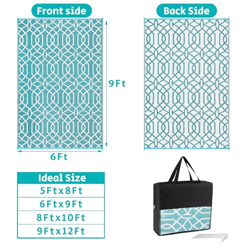 HEBE Outdoor Rug Waterproof 6x9, Reversible Plastic Straw Rug RV Camping Rug, Indoor Outdoor Patio Mat Clearance, Outside Carpet for Porch,Deck,Camper,Balcony,Backyard,Picnic - color: Line/Teal, size: 6' x 9' (Rectangular)