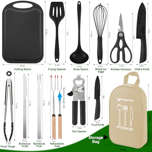 Wesqunie Camping Essentials Cookware Cooking Utensils Set - Portable Camp Kitchen Mess Kit Outdoor Accessories, Stainless Steel & Silicone, Camping Gear Equipment for RV Picnic Grill, 14PCS Khaki - color: 14PCS Khaki