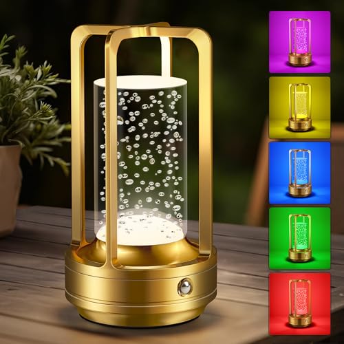Portable Table Lamp for Outdoor Indoor: Cordless Rechargeable Desk Lamp with 10 Colors - Shower Lamp with Stepless Dimmable - Metal Battery Operated Lantern Light for Bedroom/Bar/Coffee Shop/Camping - color: Gold Bubble+RGB