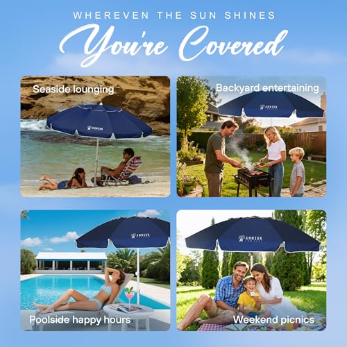 AMMSUN 8 Feet Large Beach Umbrella with Sand Anchor Heavy Duty High Wind Portable Outdoor Umbrellas UV 50+ Protection Air Vent Tilt Patio Garden Pool - color: Navy