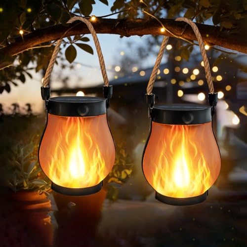 2 Pack Solar Lights Outdoor Waterproof, Solar Lantern with Dancing Flame, 2 Lighting Modes, Dual Charging USB & Solar Powered, with Hanging Rope Handle for Patio Yard Camp Garden Tree Tabletop Decor - size: 2 PK