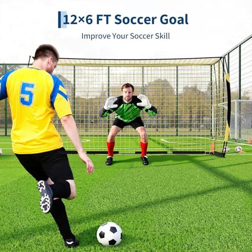 Soccer Goal 12x6 ft for Backyard, Portable & Collapsible, Heavy Duty Metal Base, Quick Set Up Training Net, Weather-Resistant with Carry Bag for Outdoor & Indoor