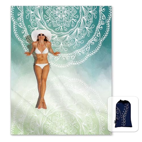 Sunlit Silky Soft Sand Proof Beach Blanket 106"x81" / 85"x72" Sand Proof Mat with Corner Pockets and Mesh Bag for Beach Party, Travel, Camping and Outdoor Music Festival, Mandala - color: Tiffany Green, size: 106"x81"