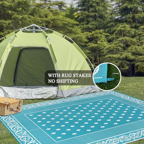 Pauwer Waterproof Outdoor Rug 8x10, Reversible Plastic Straw Patio Camping Rug, Indoor Outdoor RV Mat Carpet for Deck, Camper, Porch, Balcony, Backyard, Picnic, Bordered Teal - color: Bordered Teal, size: 8' x 10' (Rectangular)
