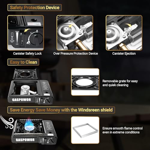Propane or Butane Stove Dual Fuel Stove Portable Camping Stove, 10,000 BTU Butane Propane Stove with Carrying Case&Windblocker, Automatic Ignition for Emergency Preparedness Kit (Fuel Not Included) - color: Coal black