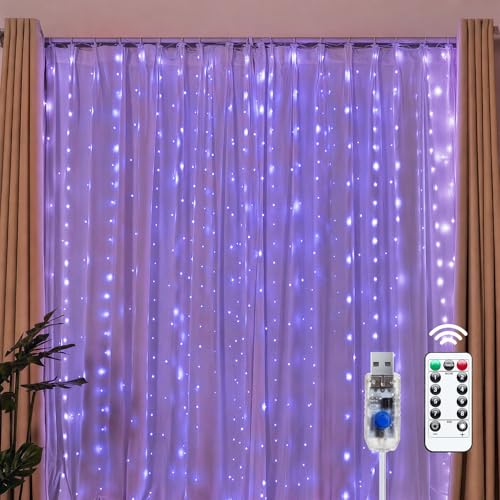 Brightown 300 LED Purple Fairy Curtain Lights, 9.8ft x 9.8ft String Lights, USB Plug in 8 Lighting Modes Christmas String Hanging Lights with Remote for Bedroom Indoor Outdoor Party Xmas Purple 1 Pack - color: Purple, size: 1 Pack-300 LED