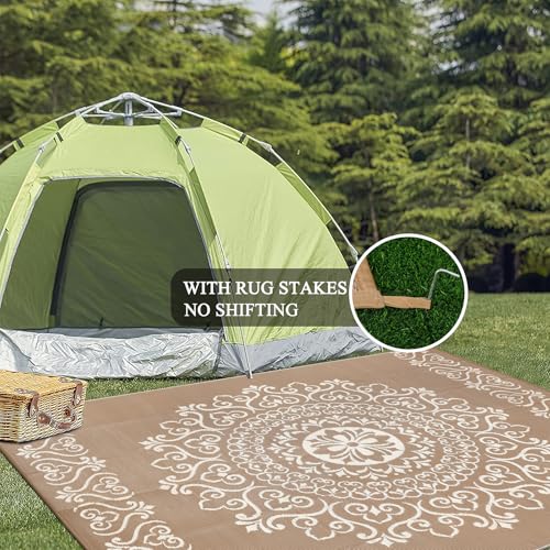 Pauwer Waterproof Outdoor Rug 6x9, Reversible Plastic Straw Patio Camping Rug, Indoor Outdoor RV Mat Carpet for Deck, Camper, Porch, Balcony, Backyard, Picnic, Floral Brown - color: Floral Brown, size: 6' x 9' (Rectangular)