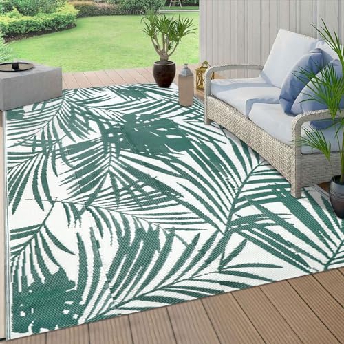 famibay Tropical RV Outdoor Rug All Weather Reversible Patio Rugs Outdoor 8x10 Waterproof Plastic Camping Rug Tropical Outdoor Rugs for Patio Deck Canping (Green) - color: Green & White, size: 8' x 10'