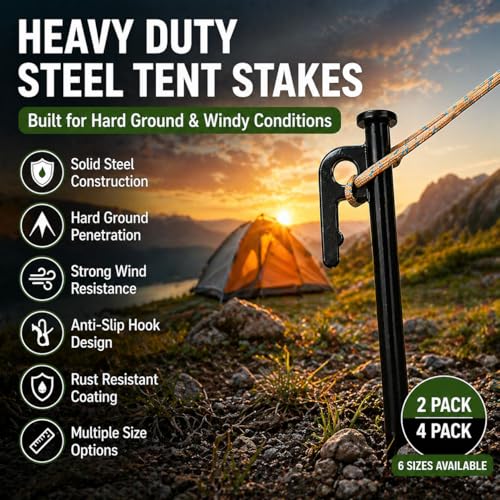SORIEA 10 Inch Heavy Duty Tent Stakes, Steel Tent Pegs for Camping, Tarp, Canopy, Strong Ground Stakes for Outdoor Use (2 Pack) - size: 25cm