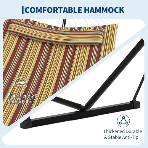 2 Person Double Hammock with Stand & Pillow, 450 LBS Heavy Duty Outdoor Hammock with Balance Rope for Patio Backyard Poolside