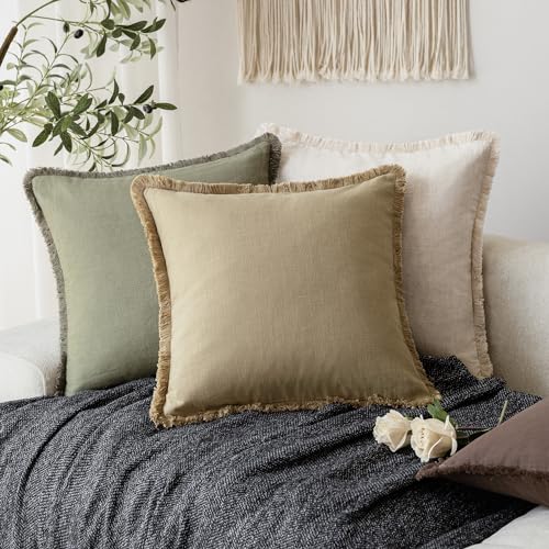 Foindtower Decorative Linen Fringe Throw Pillow Covers Boho Farmhouse Cushion Cover with Tassels Soft Accent Pillowcase for Chair Sofa Bed Living Room Home Decor, 16×16 Inch, 1PC,Light Khaki Taupe - color: Taos Taupe, size: 16" x 16" (Pack of 1)