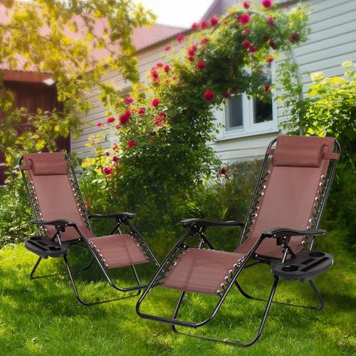 Nazhura Set of 2 Relaxing Recliners Patio Chairs Adjustable Steel Mesh Zero Gravity Lounge Chair Beach Chairs with Pillow and Cup Holder Khaki (Brown) - color: Brown