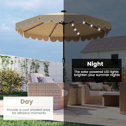 Tangkula 9 FT Solar Patio Umbrella, 2-Tiers Scalloped Outdoor Table Market Umbrella with 32 LED Lights, Vented Top, Tilt Adjustment, Crank, 8 Ribs for Backyard Poolside Deck Beach Lawn (Coffee) - color: Coffee, size: 9Ft