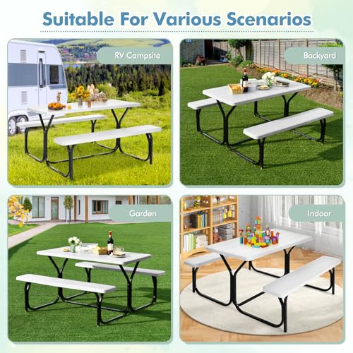 MEDIMALL Picnic Table, Portable Picnic Tables with Benches, Plastics Picnic Table Bench Set with Metal Frame & All Weather Tabletop, Large Camping Picnic Table for Outdoors, Backyard, Garden (White) - color: White