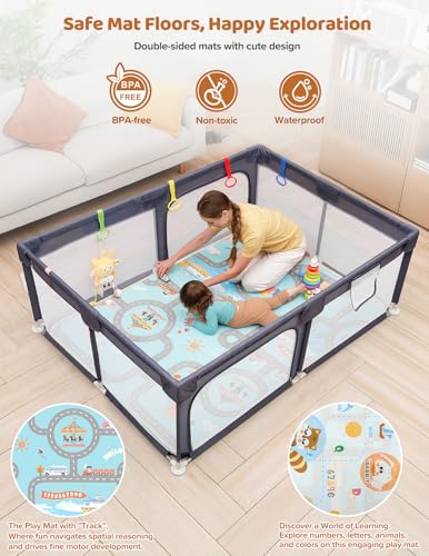 Dripex Baby Playpen with Mat, 71"x47" Play Pen for Toddlers 1-3 Years, Soft Breathable Visible Mesh, Indoor/Outdoor Portable Play Yard with Mat, Safe Baby Fence Play Area, Dark Grey - color: Dark Grey, size: 71"×47" with Mat