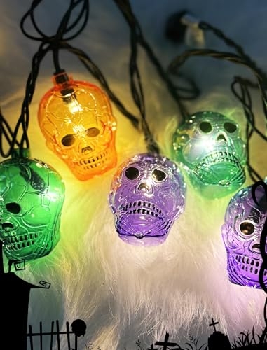 Halloween Skull String Lights Outdoor, 8.5Ft Ghost Head Lights with 10 LED Orange Green Purple Skull Head Lights, Hanging Halloween Decoration Skeleton Light for Patio, Porch, House, Party Decorations - color: Multicolor Ghost