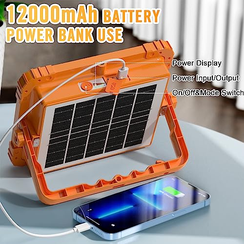 100W LED Solar Work Light, 466 LED 10000LM Magnetic Worklight with 5 Modes, 12000mAh Battary Rechargeable, IP66 Waterproof Portable Solar Outdoor Working Light for Emergency, Repair, Camping
