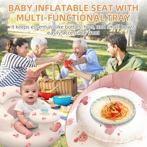 Inflatable Baby Seat with Tray, Blow up Infant Chair for Babies 3 Months and up, Comfortable Baby Floor Seats for Sitting Up, Built in Air Pump with Back Support Toddler Waterproof Sofa (Pink Rabbit) - color: Pink Rabbit