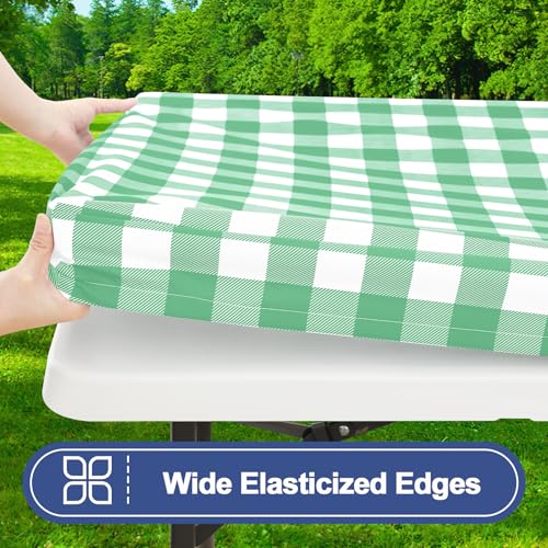 Smiry Picnic Table Cloth 2 Pack, Waterproof Elastic Fitted Tablecloths for 18x72 Rectangle Tables, Washable Polyester Buffalo Plaid Tablecloth for Camping & Outdoor (Sage Green & White, 18" x 72") - color: Sage Green and White, size: 18" x 72"