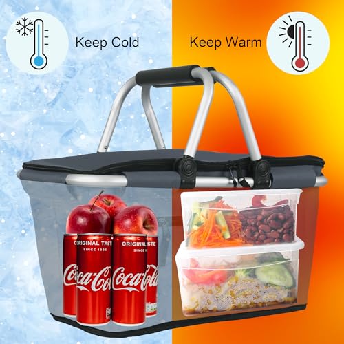 SIYUAN Collapsible Picnic Basket Insulated with Lid 27L Large Capacity Reusable Portable Folding Market Shoping Bag with Handles for Grocery - color: Dark Grey