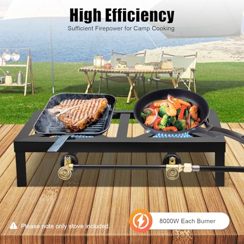 Portable Double Burner Propane Camp Stove, Cast Iron Outdoor Gas Cooker with 0–10 PSI Adjustable Regulator & Hose, 2 Burner Tabletop Stove for Camping, Tailgating, Patio Cooking
