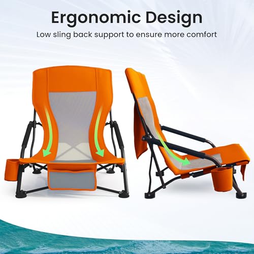 Portable Folding Beach Chair for Adults - Lightweight Low Back Sling Chair with Cup Holder & Storage Pocket, 300lbs Capacity Camping Chair for Outdoor, Lawn (Bright Orange, 1 pcs) - color: Bright Orange, size: 1 pcs