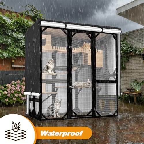 Catio Cover, 73" L x 40" W x 73" H Waterproof Cover for Outdoor Cat Enclosure, 420D Cat Cage Cover for FunXplore Cats Catios, Black (Catio Not Included) - size: 73"L x 40"W x 73"H for FunXplore
