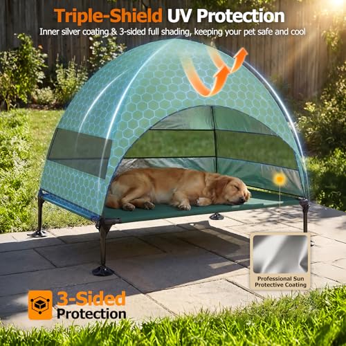 Elevated Dog Bed with UV-Proof Canopy, Outdoor Dog Tent with Powerful Adjustable Feet, Portable Pet Cot with Wider Shade, Raised Cooling Bed for Camping, Patio, Beach, Poolside - color: Green, size: Large: 42.0"L x 30.0"W x 33.0"Th