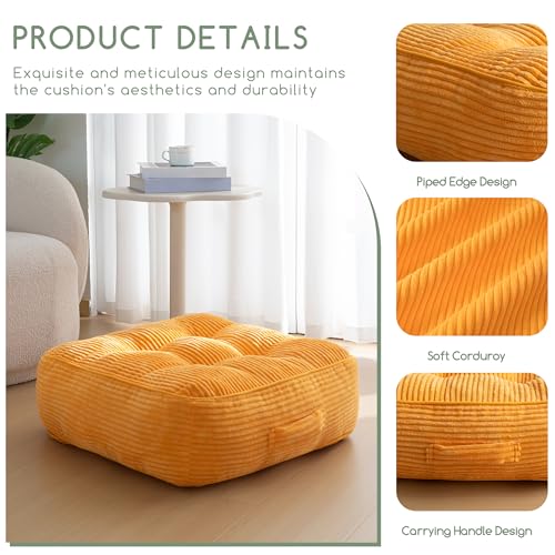 HIGOGOGO 8" Extra Thick Floor Pillow Cushion for Adults, Meditation Cushion Pillow, Large Square Floor Sitting, Tufted Corduroy Cover, for Tatami Living Room or Yoga, 22x22 Inch, 2Pack, Orange - color: Square Orange, size: 8" Thick(Pack of 2)