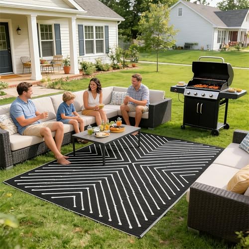 Garvee 8x10 Large Outdoor Rug Waterproof Reversible, Modern Striped Patio Carpet for RV, Deck, Backyard, Black White Outdoor Camping Mat, Black&White. - color: Blackwhite, size: 8' x 10' (Rectangular)