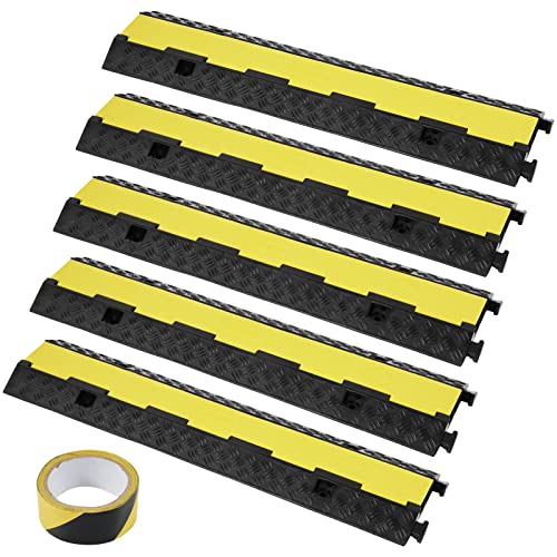 VEVOR 5 PCs Rubber Cable Protector Ramp, 2 Channel, 12000 lbs/axle Capacity Heavy Duty Hose Wire Cover Ramp Driveway, Traffic Speed Bump w/Flip-Open Top Cover & 50 ft Warning Tape, for Indoor&Outdoor - style: 2 Channel-5PCs